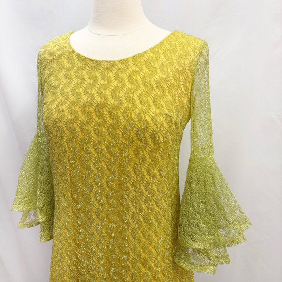 Vintage metallic chartreuse bell sleeve dress - fits like a Medium - Picture 5 of 6